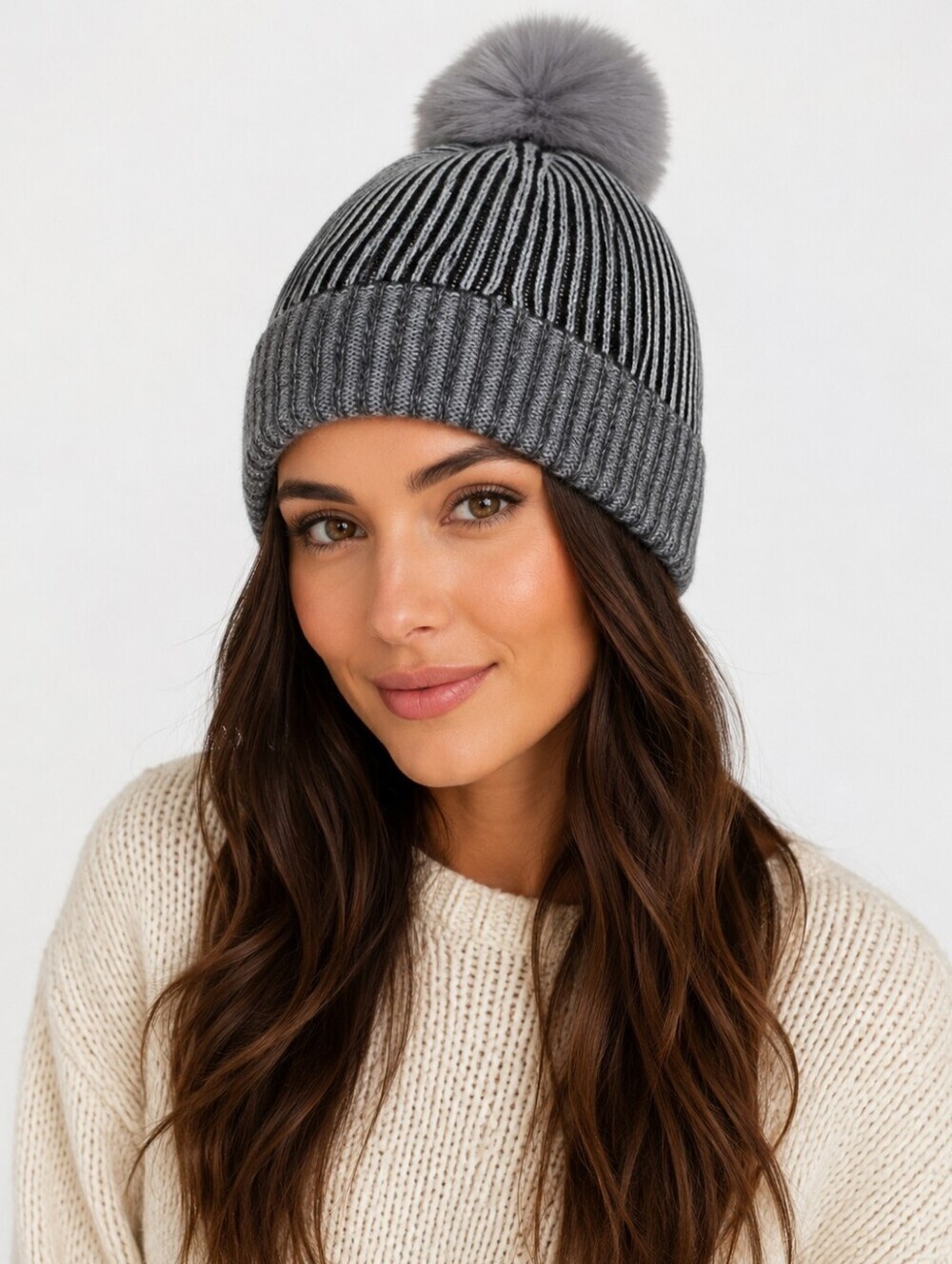Forte Cashmere silver graympom pom hat NWT